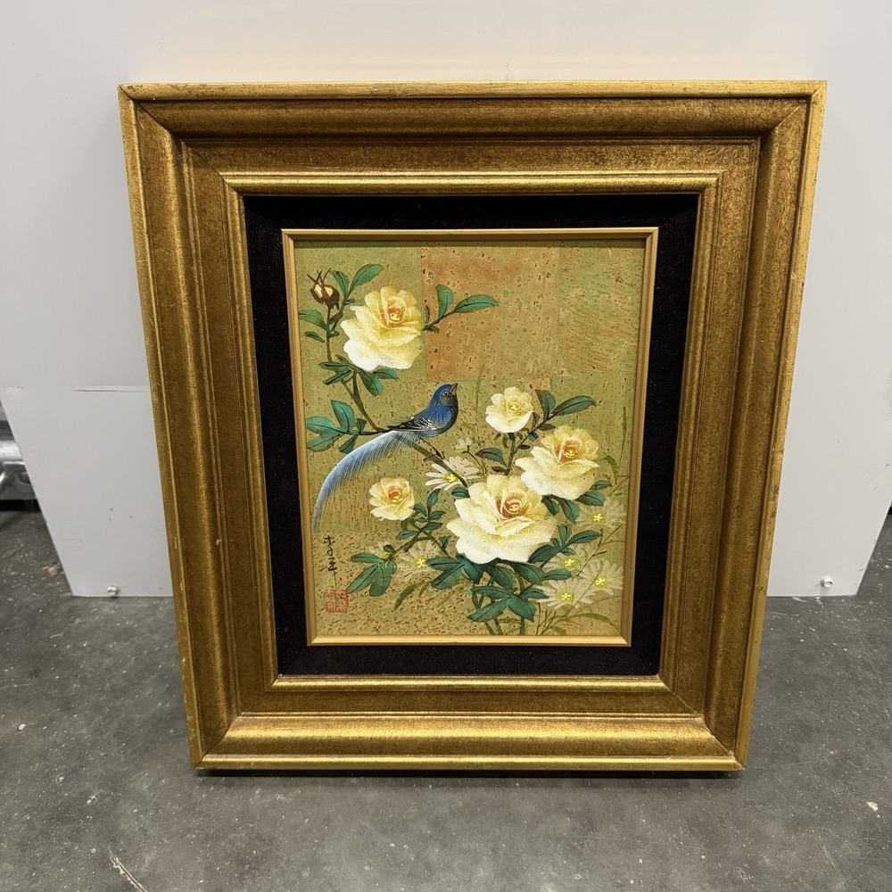 Vintage Chinese Bird Floral Painting Gold Wooden Faux Frame